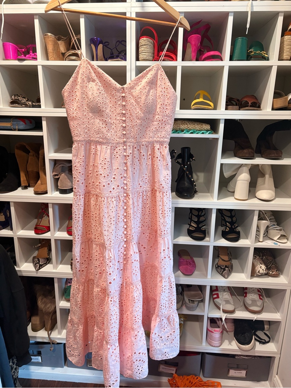 Alice + Olivia Light Pink Eyelet Button-Front Midi Dress